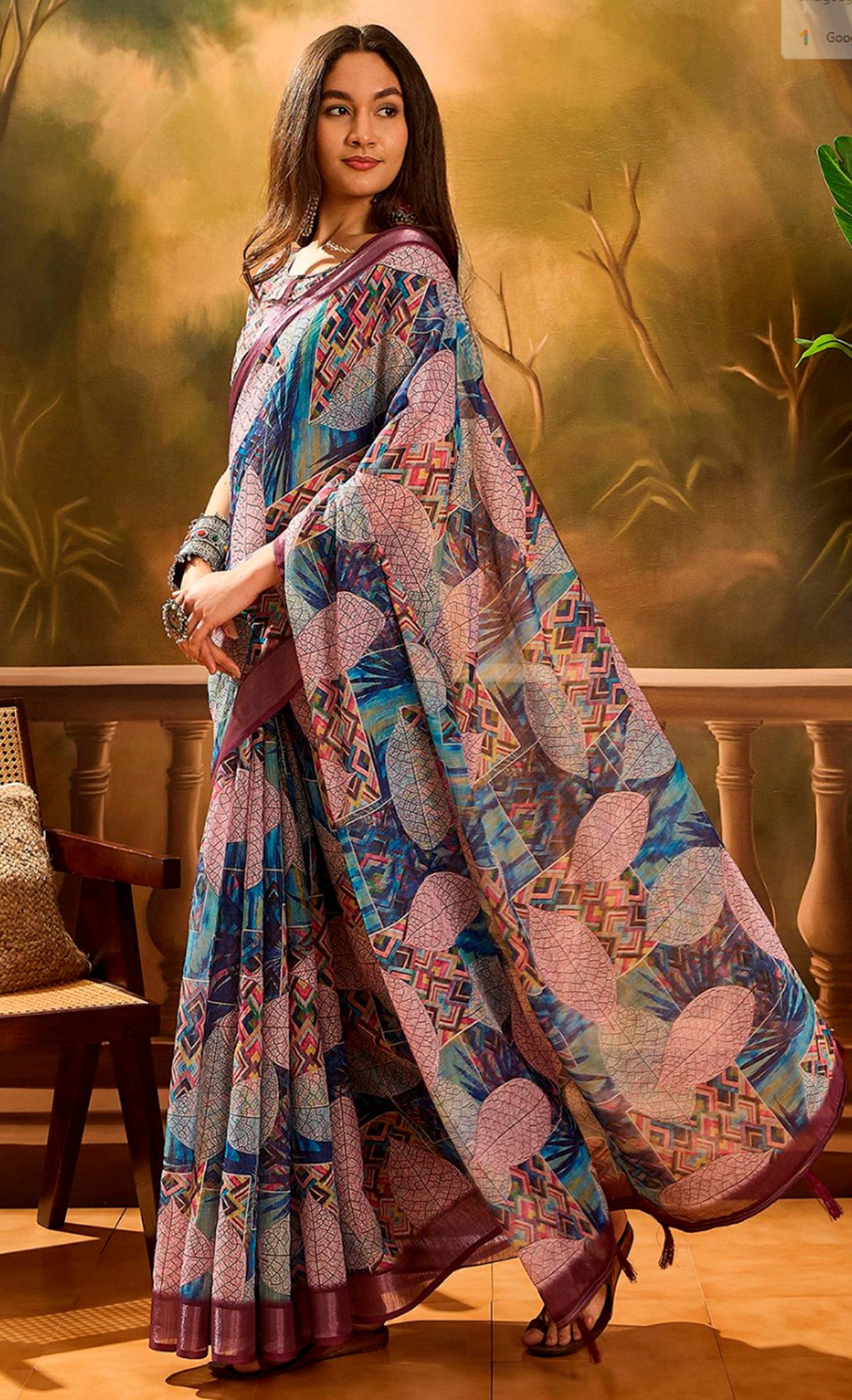 Multicolour Floral Linen Cotton Saree with Blue Border Look for Women