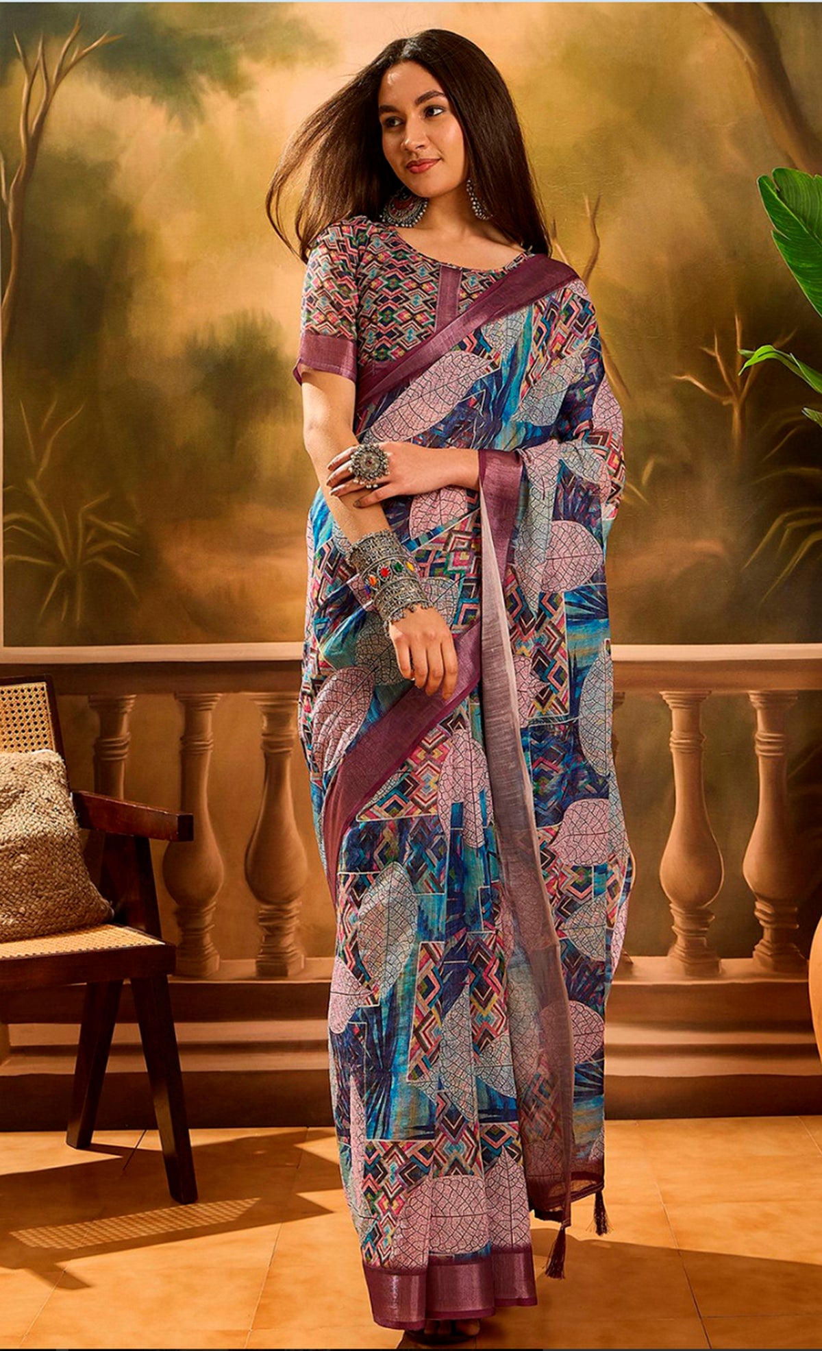 Multicolour Floral Linen Cotton Saree with Blue Border Look for Women