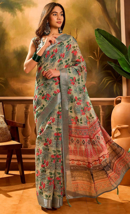 Grey Floral Linen Cotton Saree with Red Floral Print Border for Women