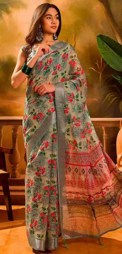 Grey Floral Linen Cotton Saree with Red Floral Print Border for Women