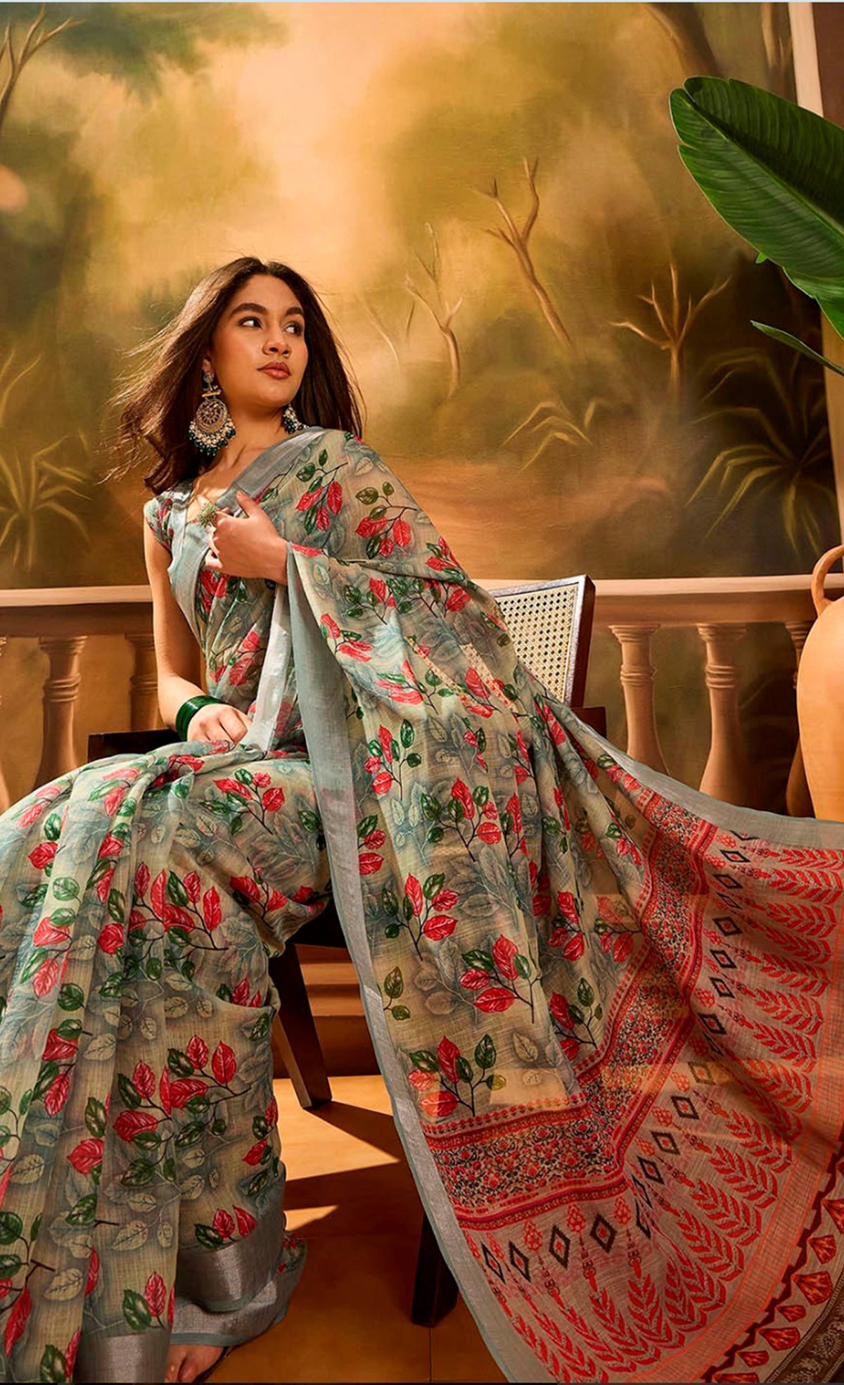 Grey Floral Linen Cotton Saree with Red Floral Print Border for Women