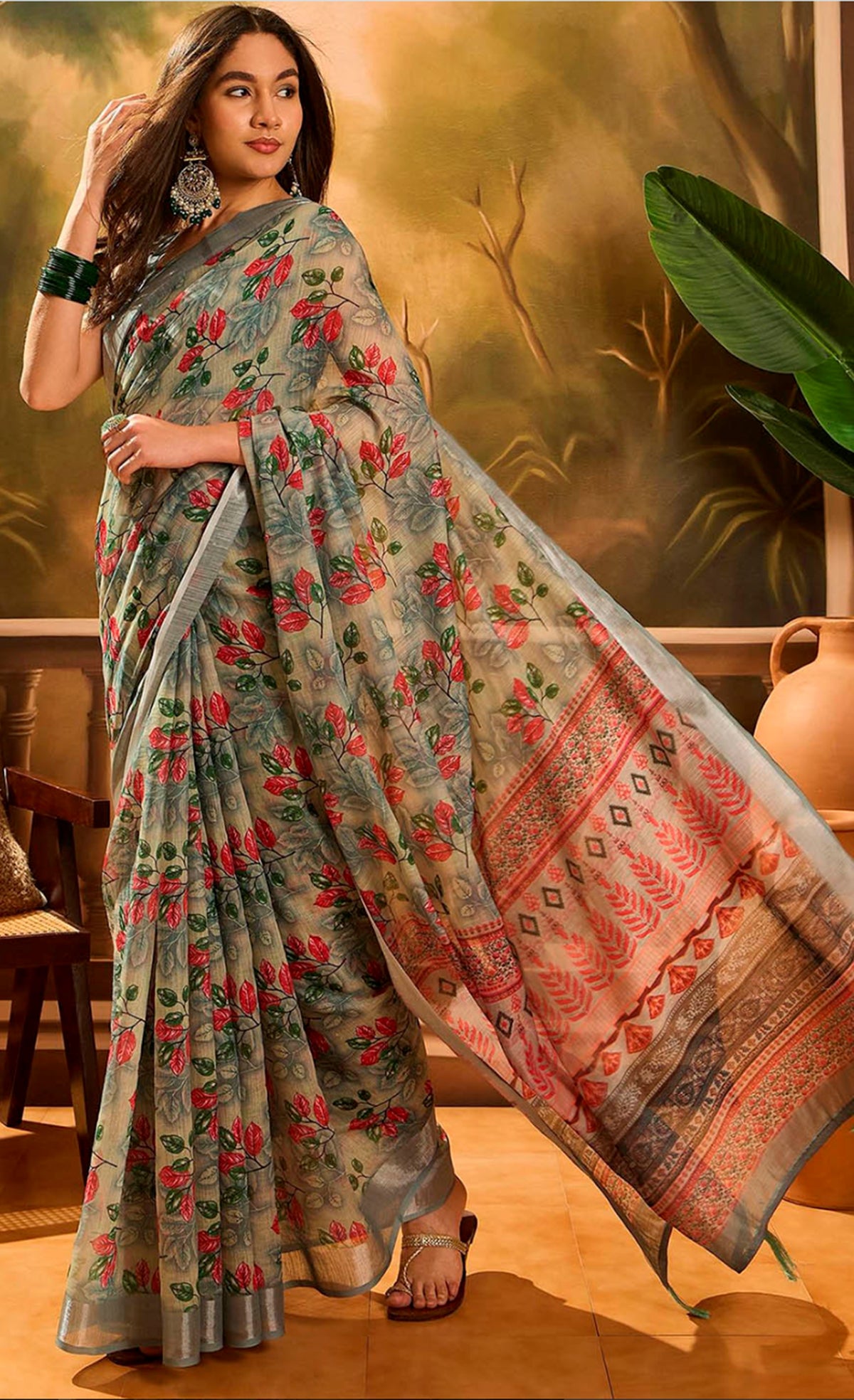 Grey Floral Linen Cotton Saree with Red Floral Print Border for Women