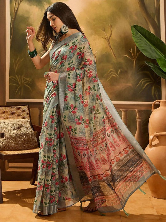 Grey Floral Linen Cotton Saree with Red Floral Print Border for Women