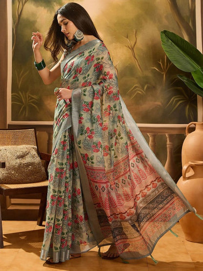 Grey Floral Linen Cotton Saree with Red Floral Print Border for Women