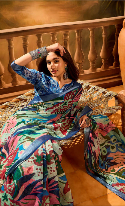 Multicolor Linen Cotton Floral Printed Saree at for Women