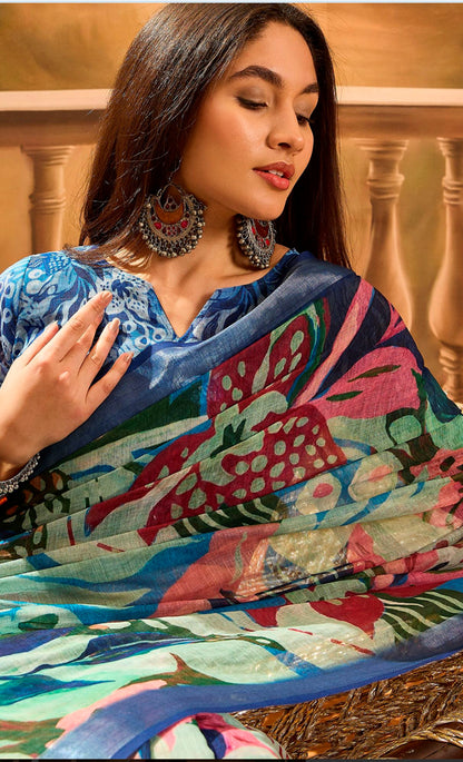 Multicolor Linen Cotton Floral Printed Saree at for Women