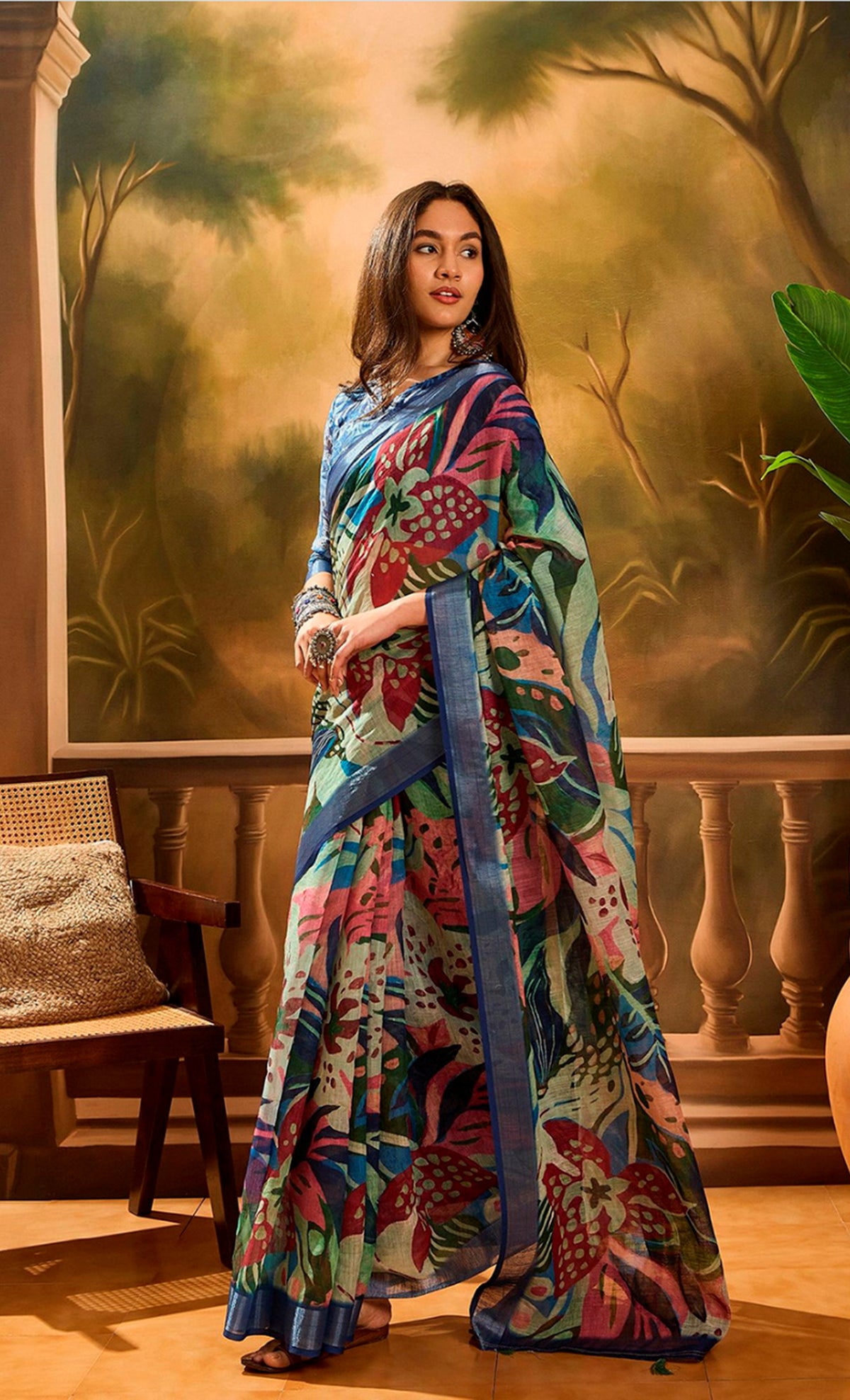 Multicolor Linen Cotton Floral Printed Saree at for Women