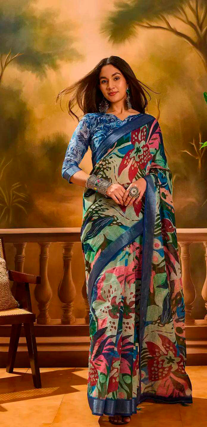 Multicolor Linen Cotton Floral Printed Saree at for Women