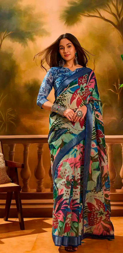 Multicolor Linen Cotton Floral Printed Saree at for Women