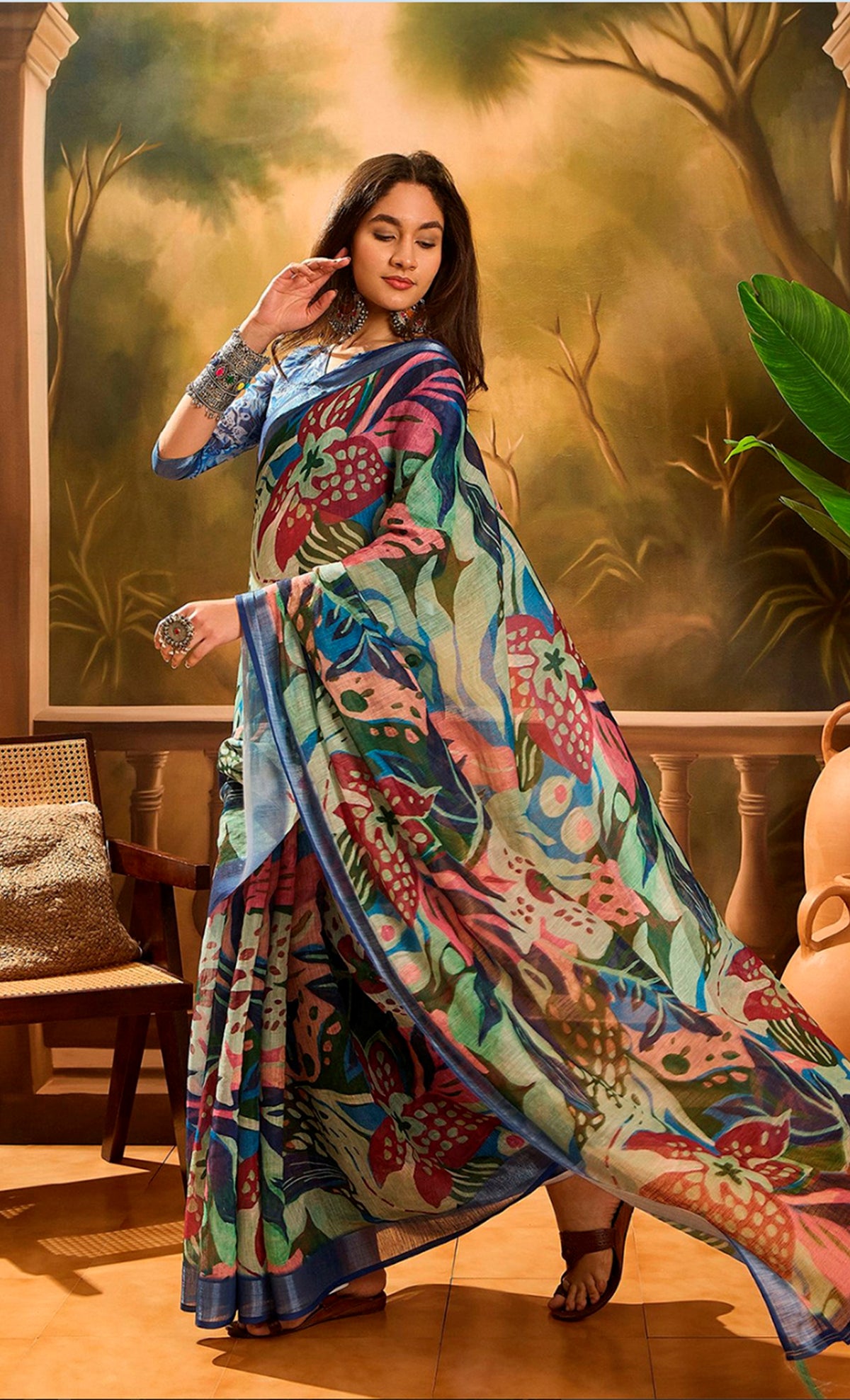 Multicolor Linen Cotton Floral Printed Saree at for Women