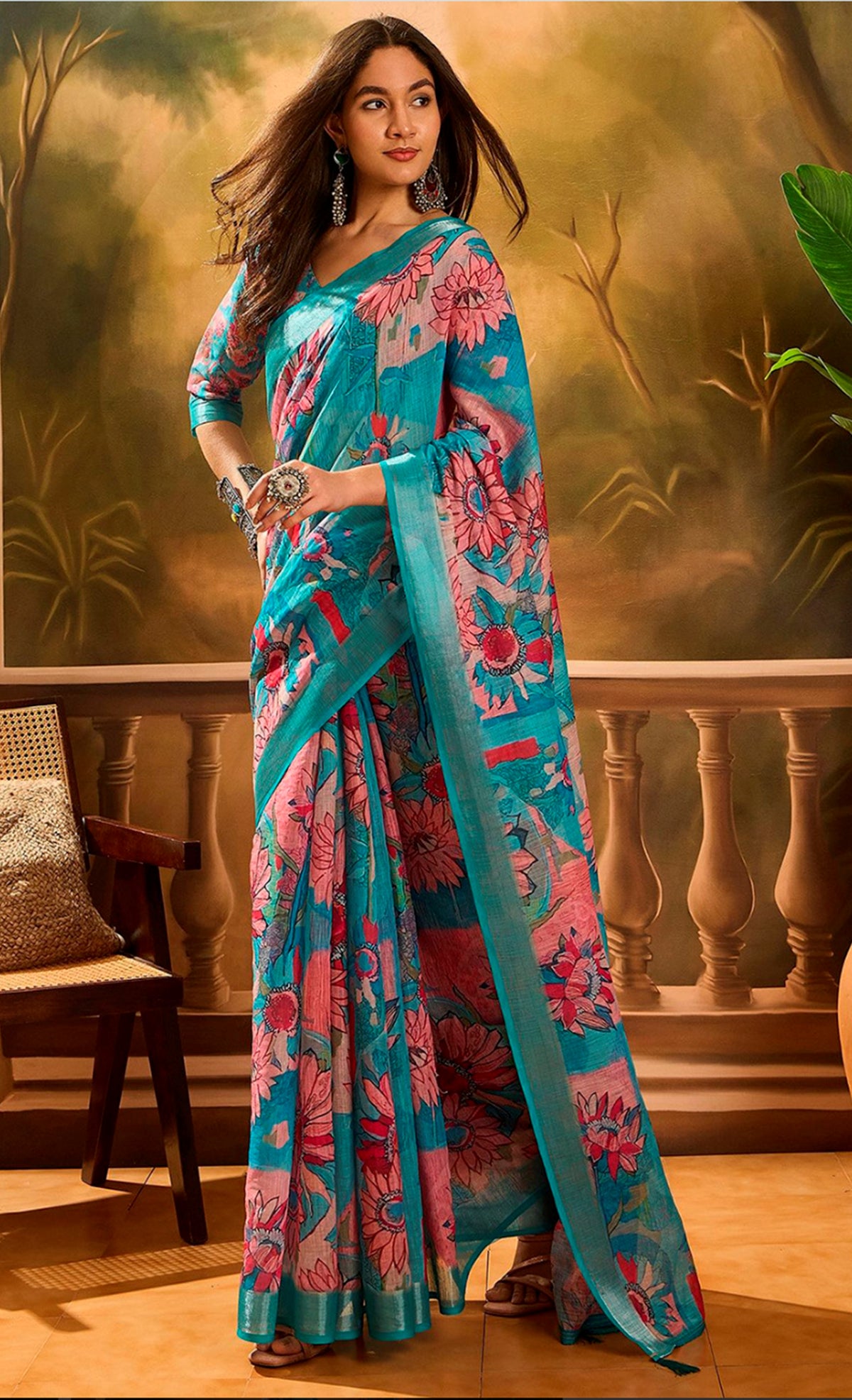 Teal Floral Printed Linen Cotton Saree with Blouse 2 for Women