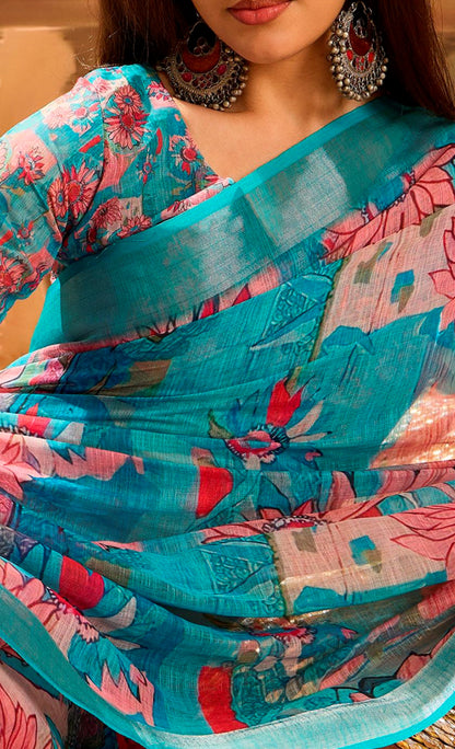 Teal Floral Printed Linen Cotton Saree with Blouse 2 for Women