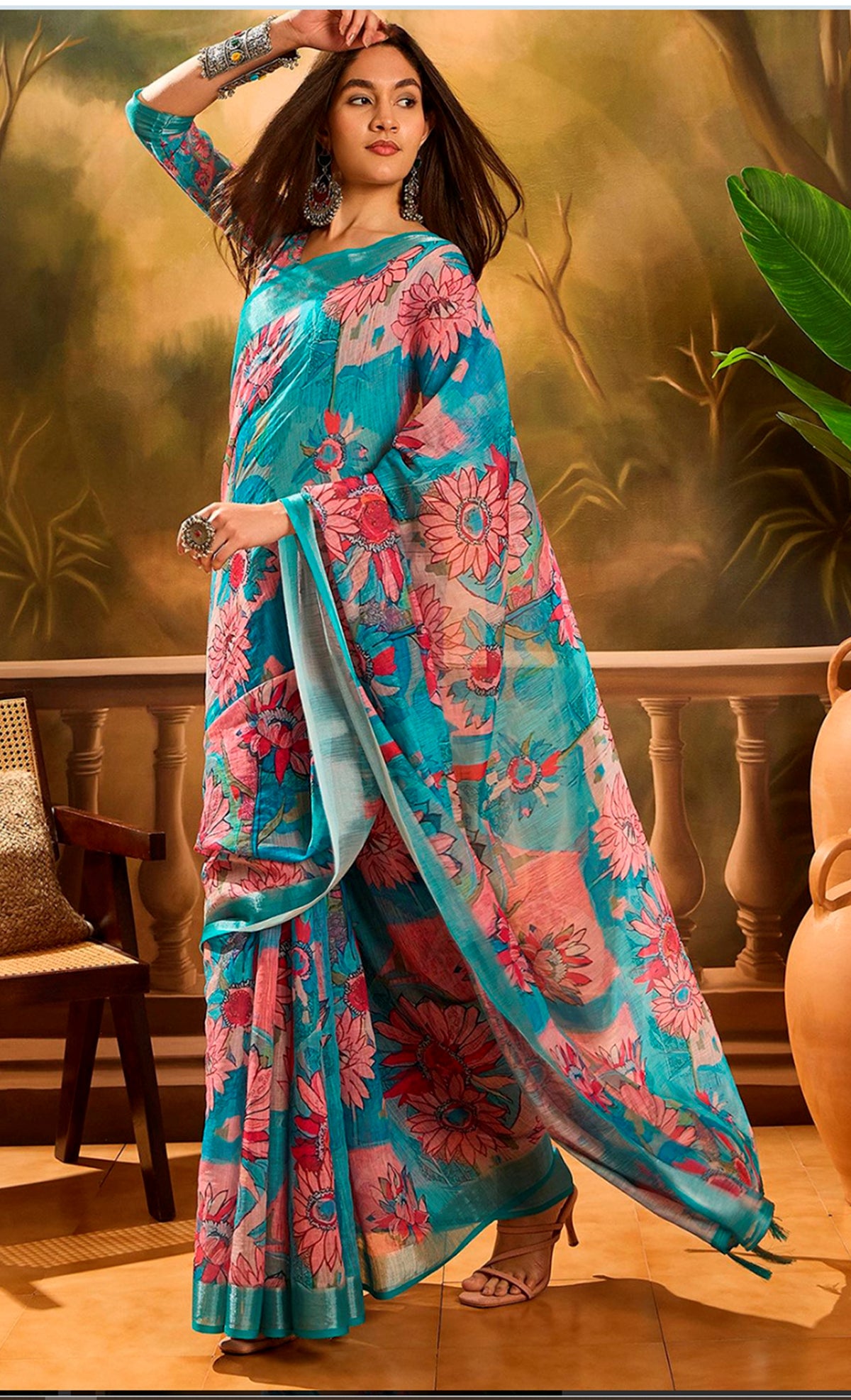 Teal Floral Printed Linen Cotton Saree with Blouse 2 for Women