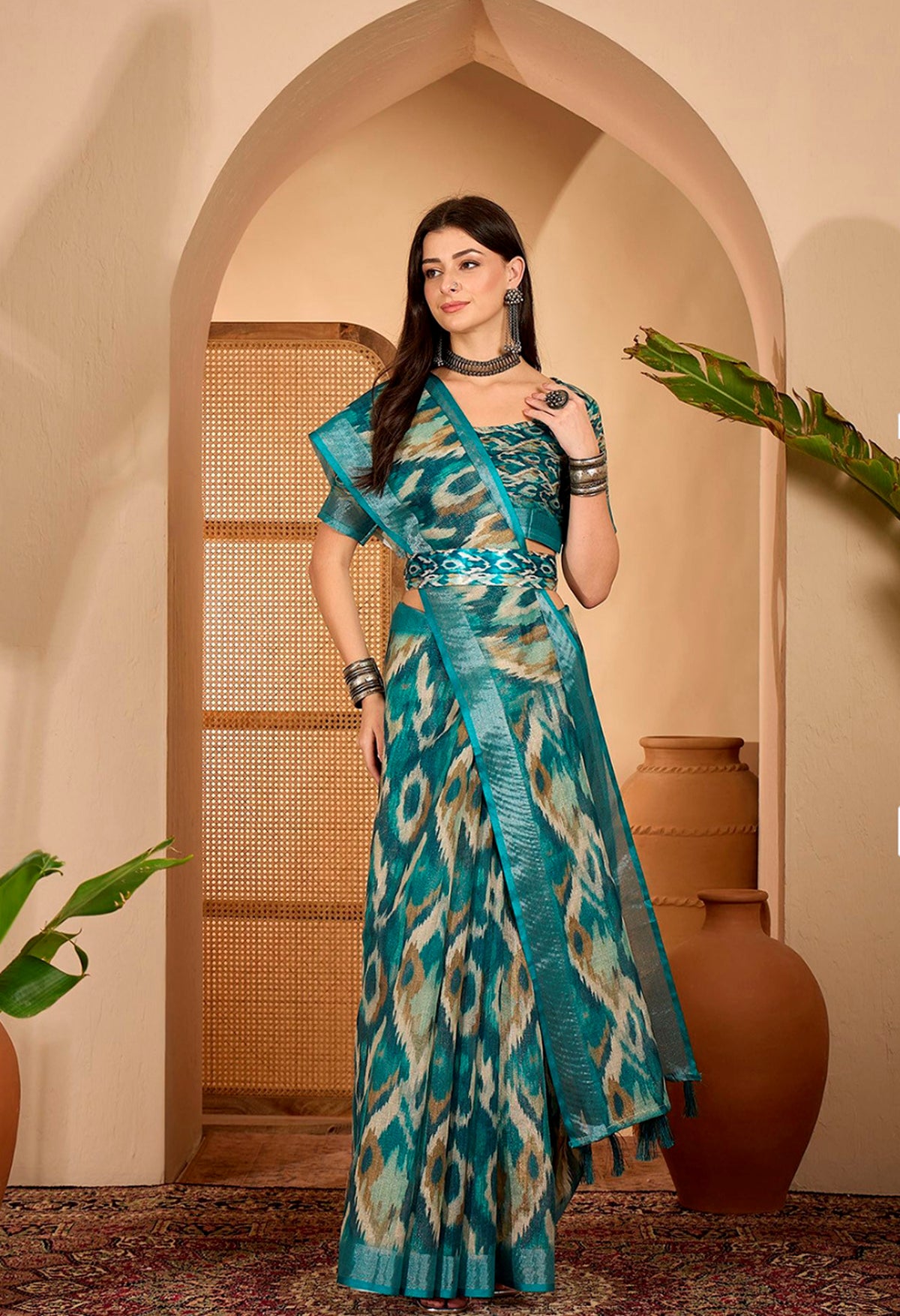 Teal Abstract Printed Linen Cotton Saree with Blouse for Women