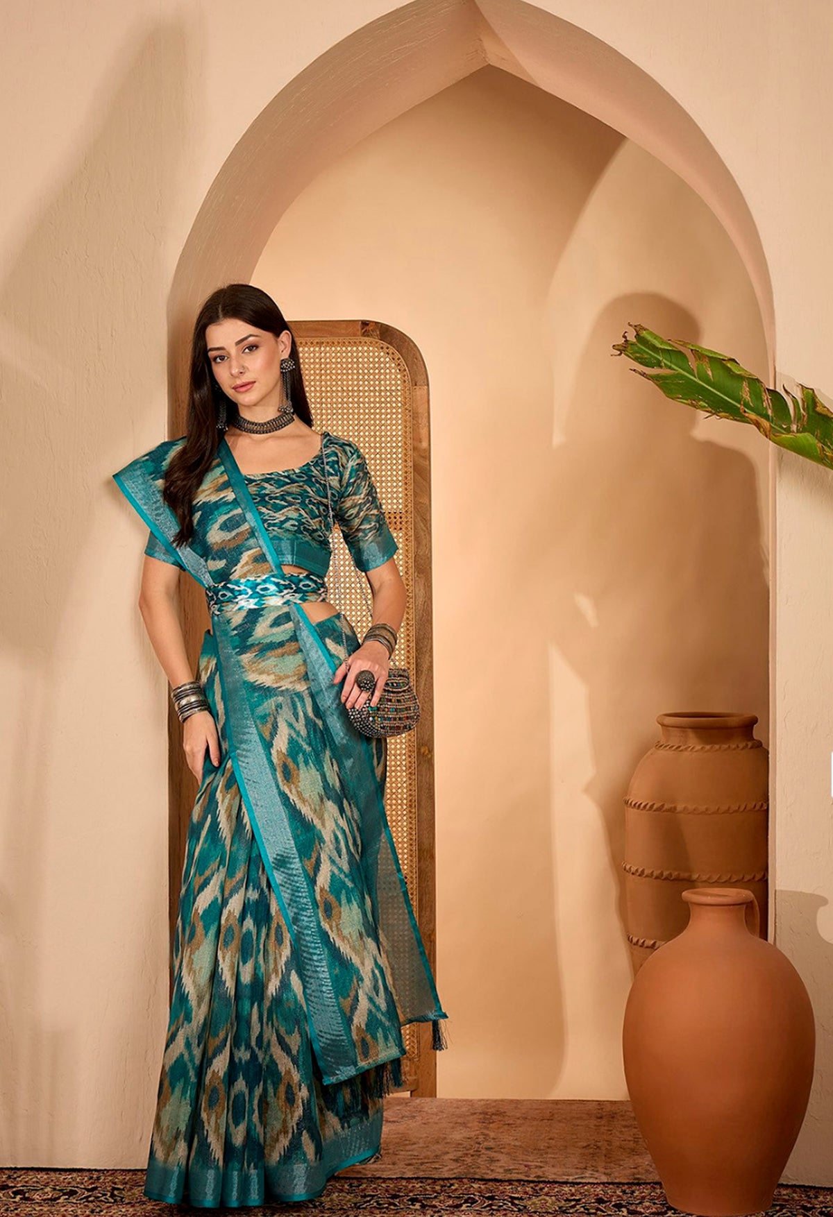 Teal Abstract Printed Linen Cotton Saree with Blouse for Women