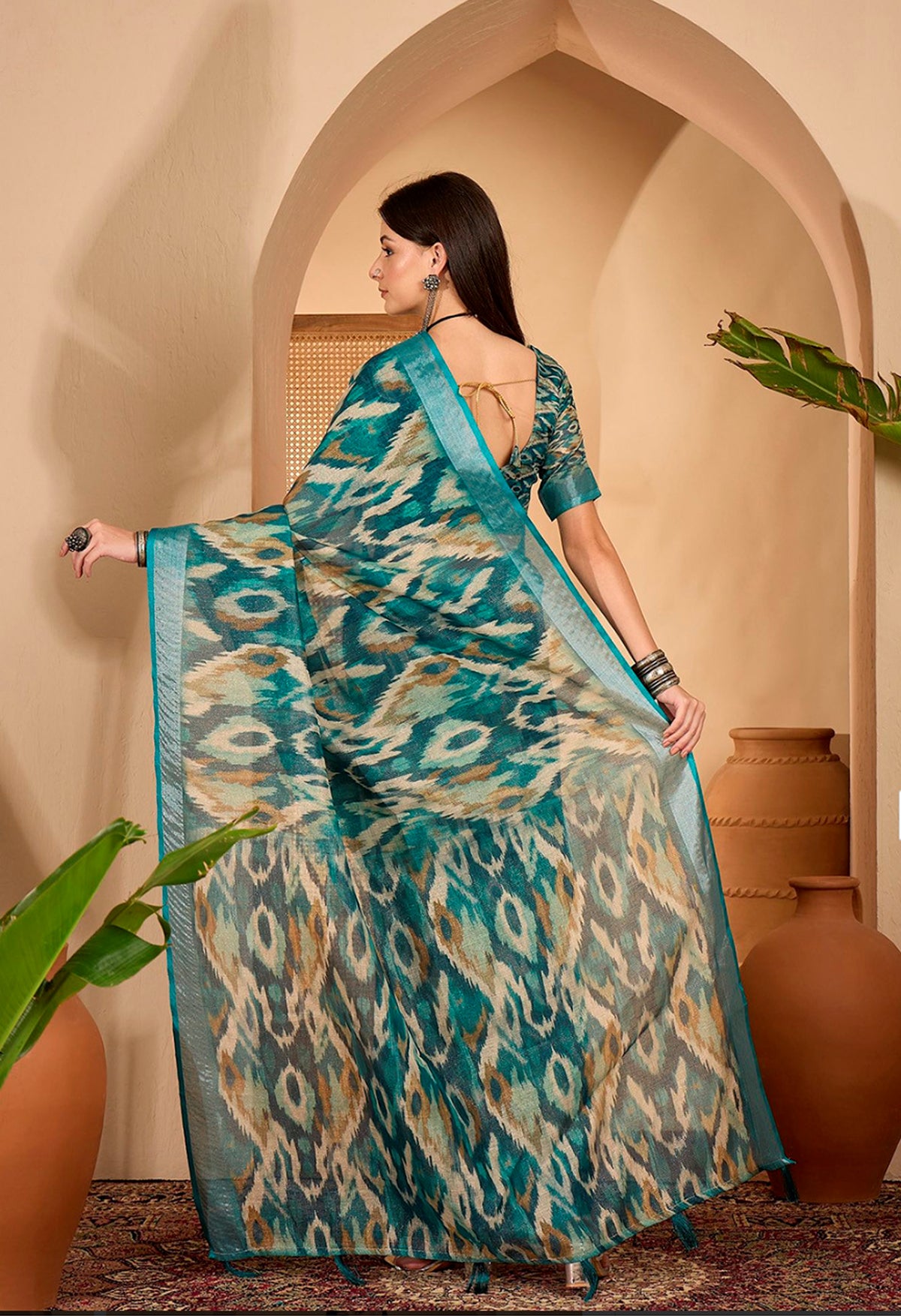 Teal Abstract Printed Linen Cotton Saree with Blouse for Women