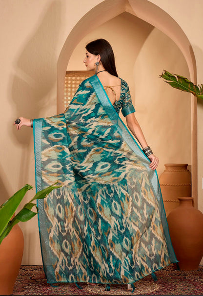 Teal Abstract Printed Linen Cotton Saree with Blouse for Women