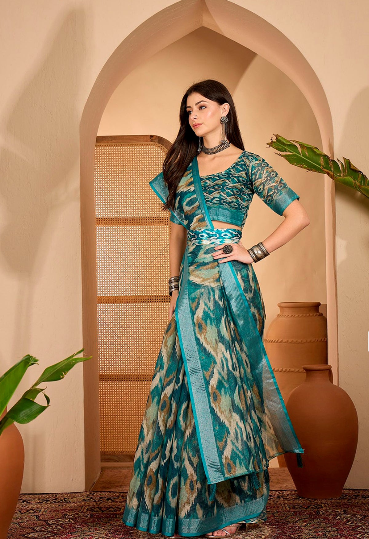 Teal Abstract Printed Linen Cotton Saree with Blouse for Women