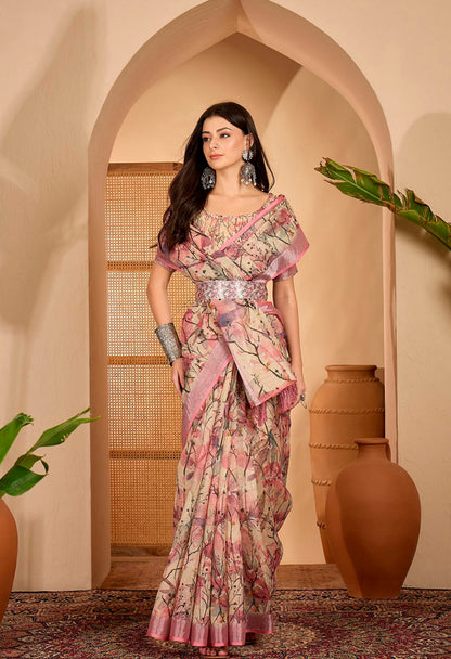 Pink Floral Printed Linen Cotton Saree with Blouse for Women