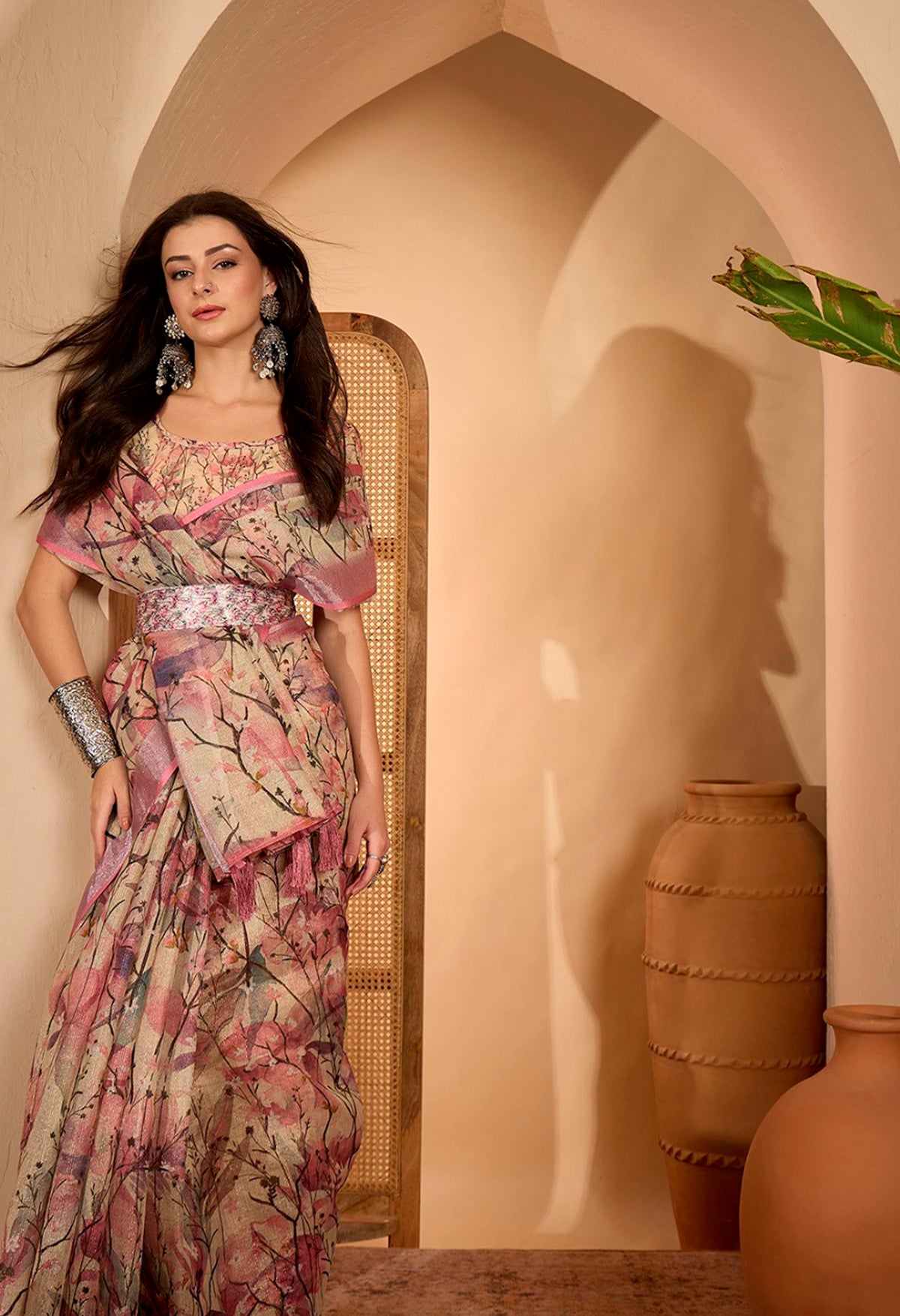 Pink Floral Printed Linen Cotton Saree with Blouse for Women