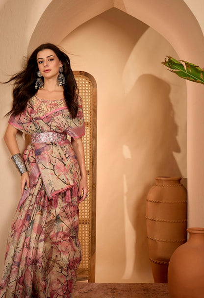 Pink Floral Printed Linen Cotton Saree with Blouse for Women