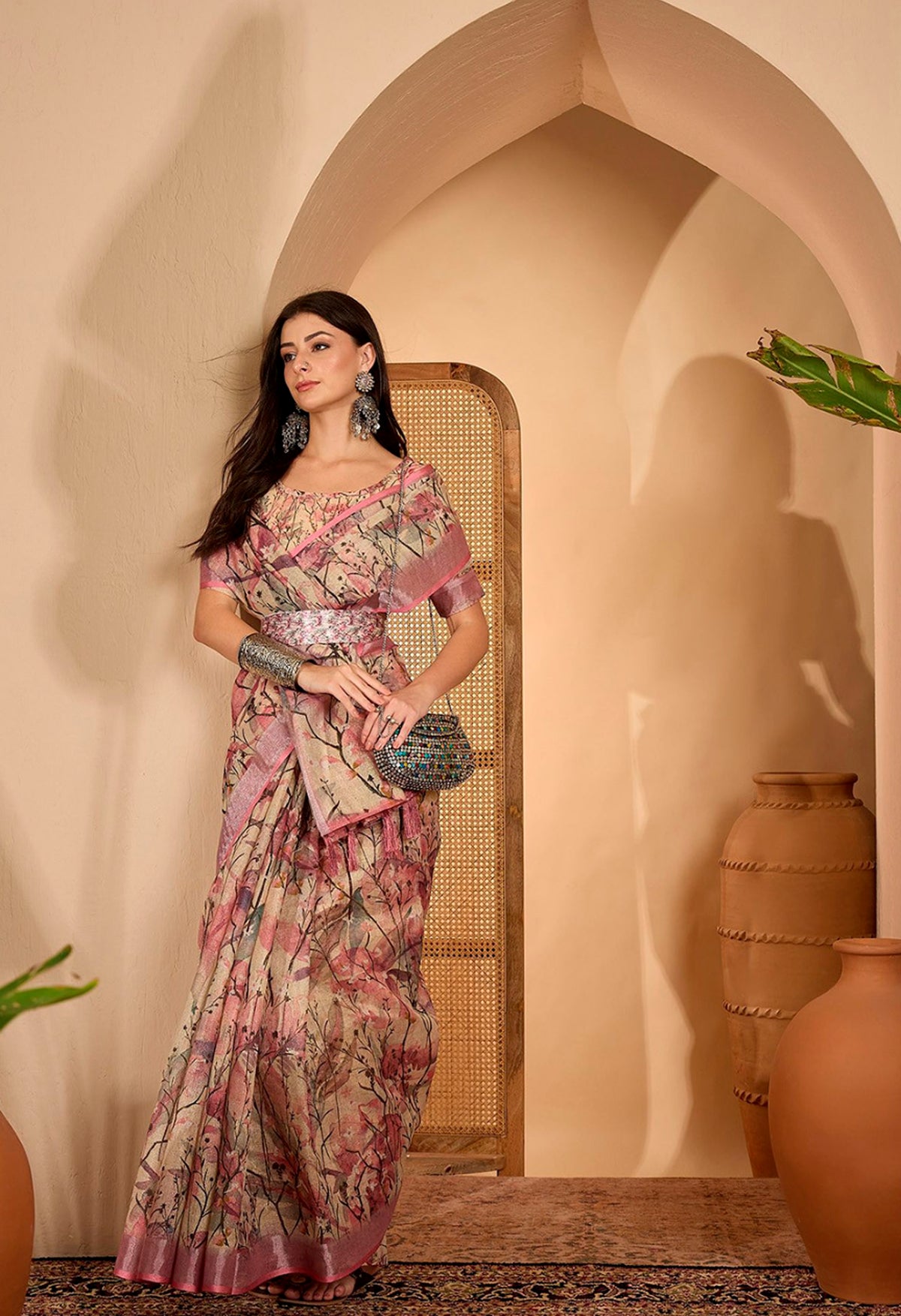 Pink Floral Printed Linen Cotton Saree with Blouse for Women