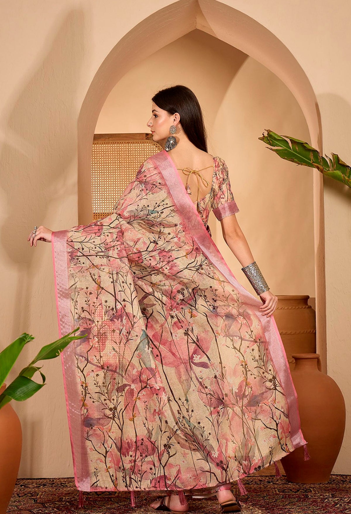 Pink Floral Printed Linen Cotton Saree with Blouse for Women