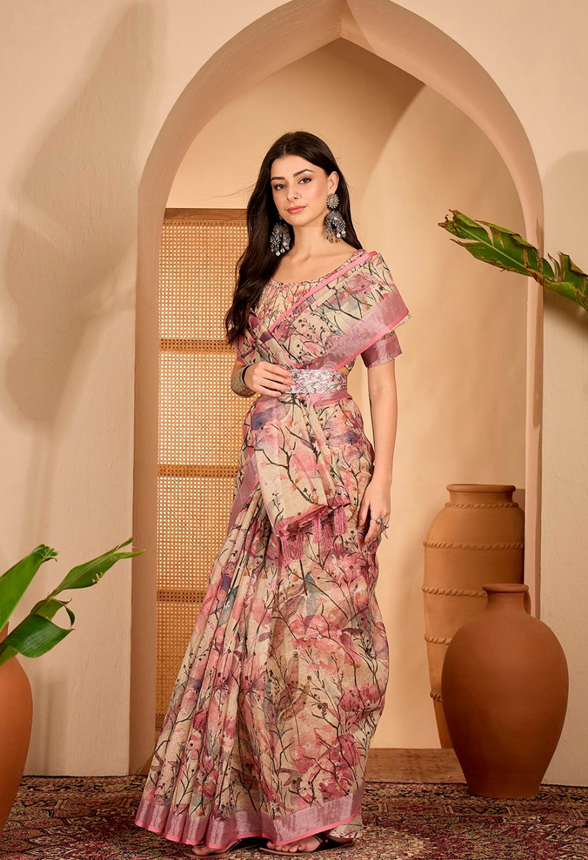 Pink Floral Printed Linen Cotton Saree with Blouse for Women
