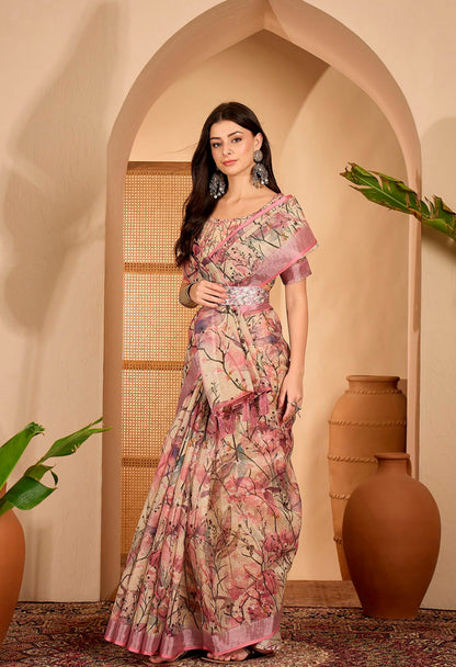 Pink Floral Printed Linen Cotton Saree with Blouse for Women