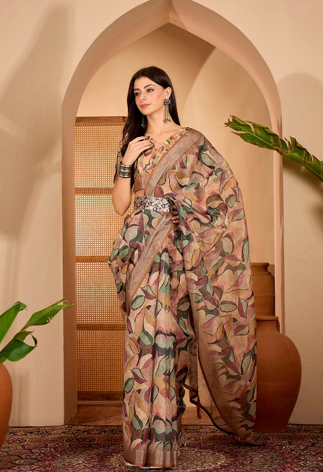 Beige Leaf Printed Linen Cotton Saree with Blouse for Women