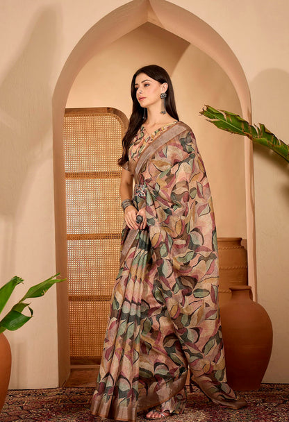 Beige Leaf Printed Linen Cotton Saree with Blouse for Women
