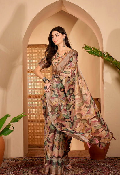 Beige Leaf Printed Linen Cotton Saree with Blouse for Women