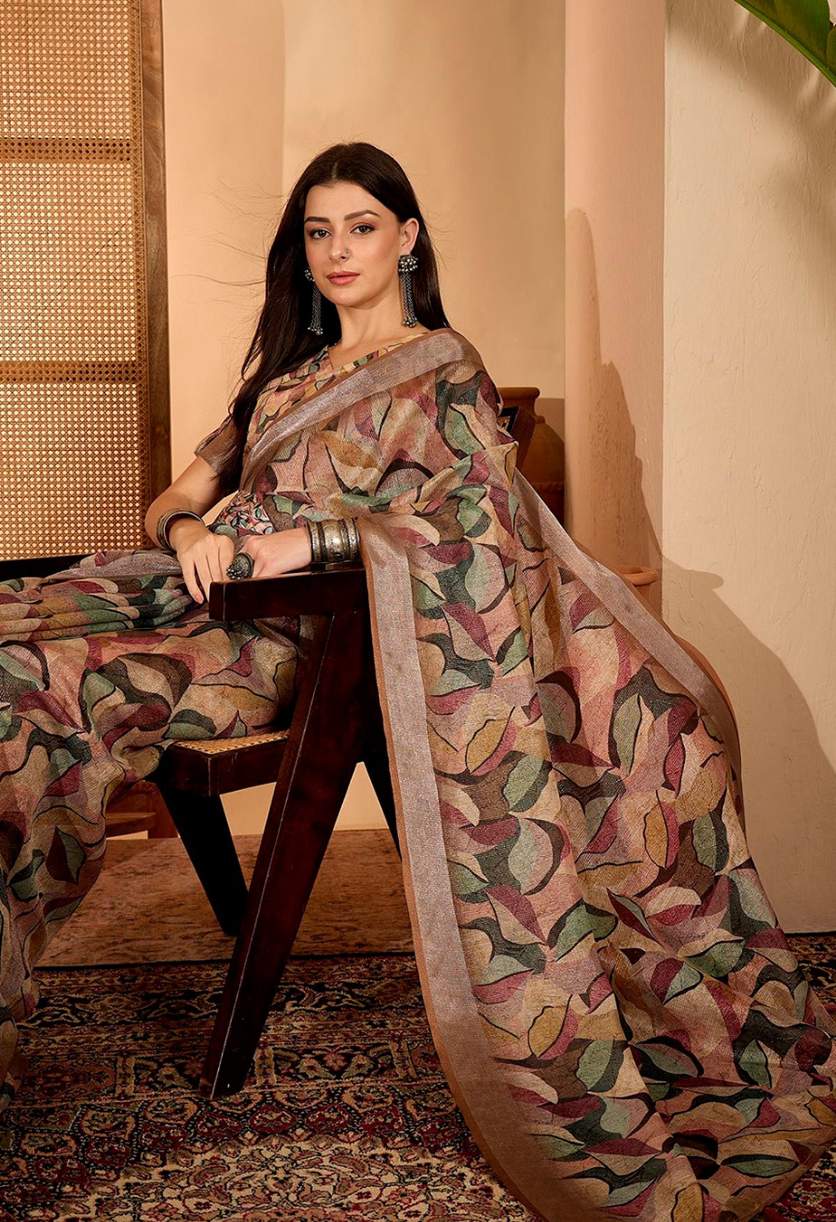 Beige Leaf Printed Linen Cotton Saree with Blouse for Women