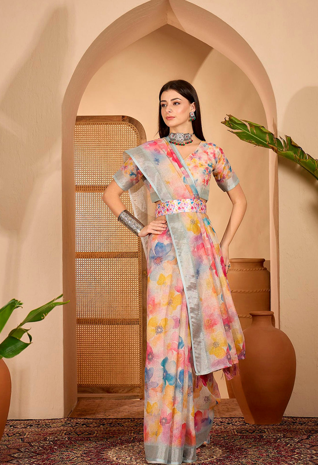 Pastel Floral Printed Linen Cotton Saree with Blouse for Women