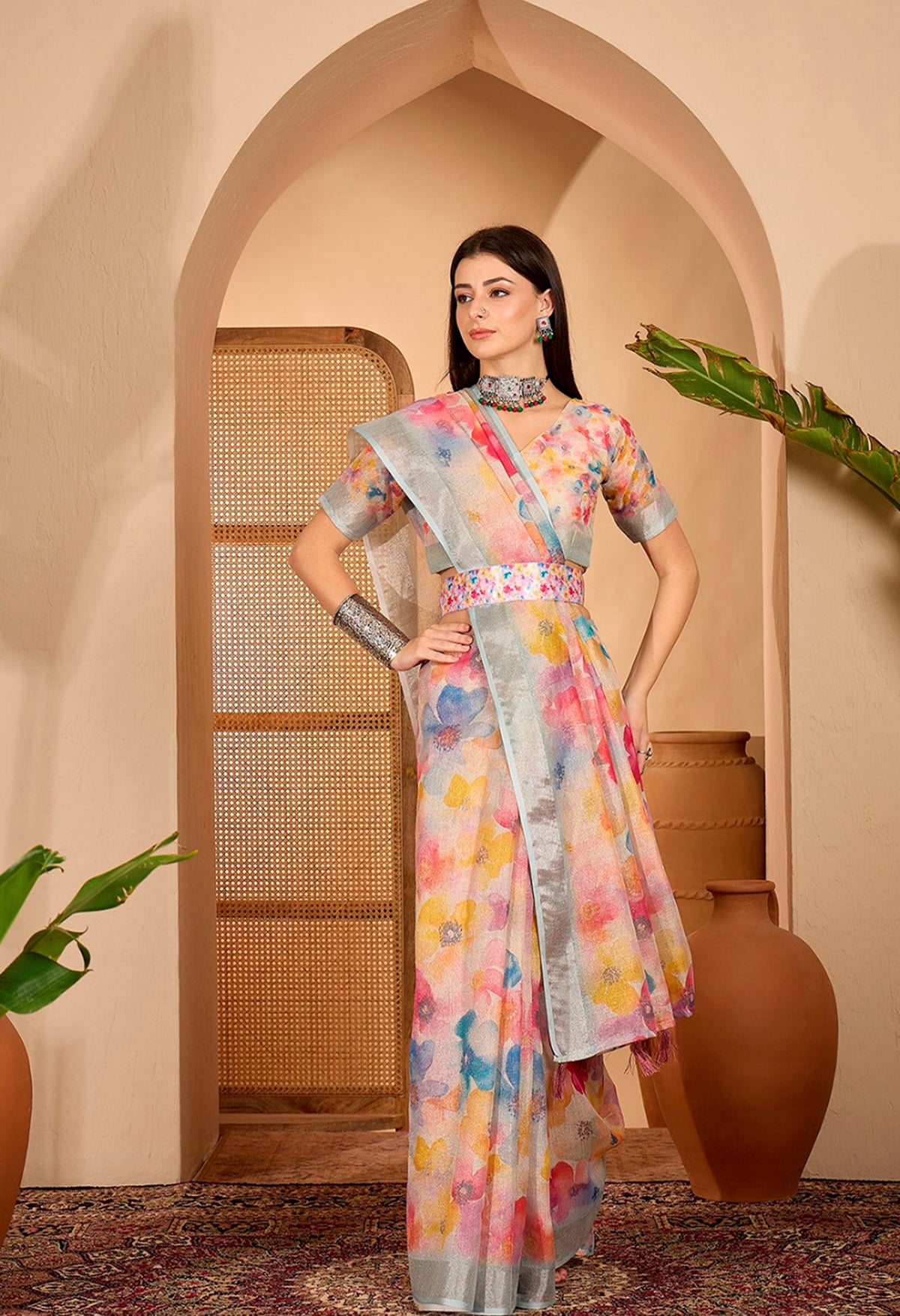 Pastel Floral Printed Linen Cotton Saree with Blouse for Women