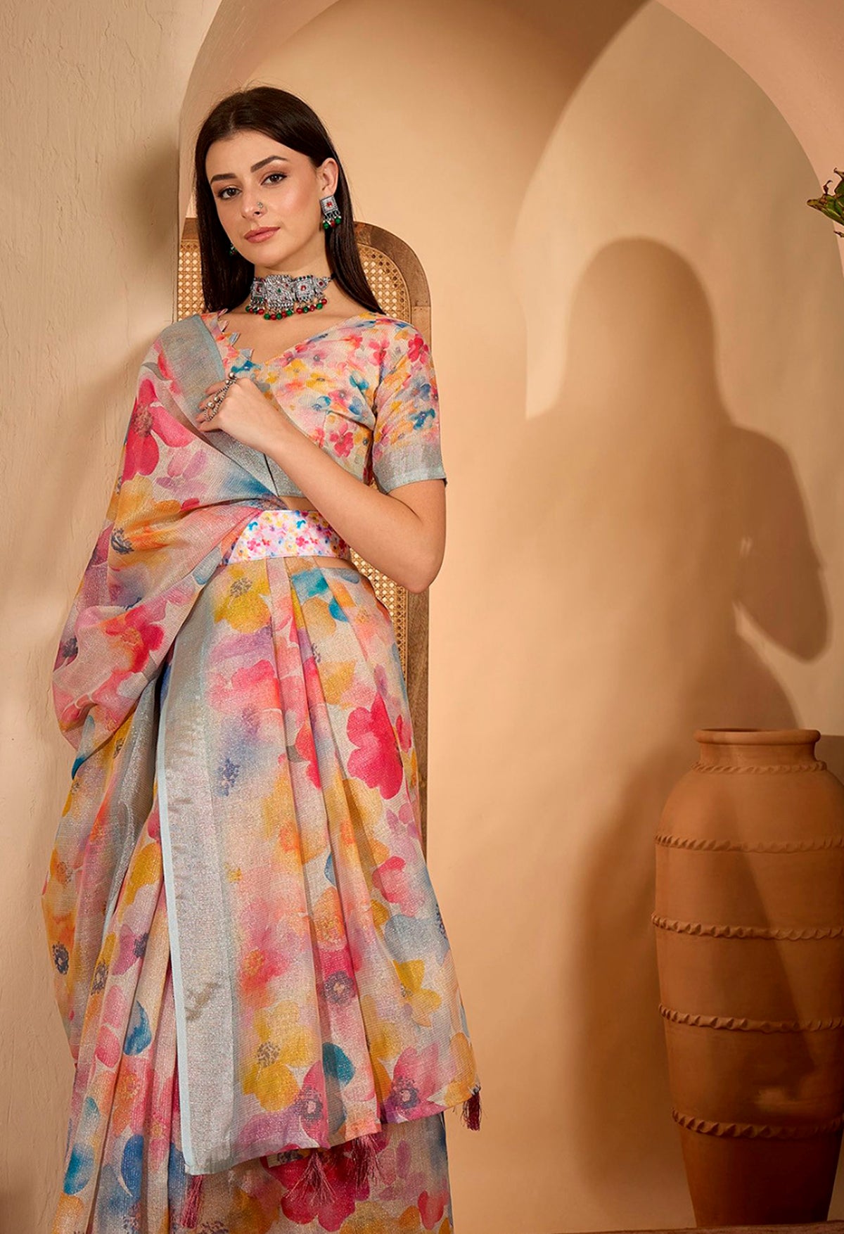 Pastel Floral Printed Linen Cotton Saree with Blouse for Women