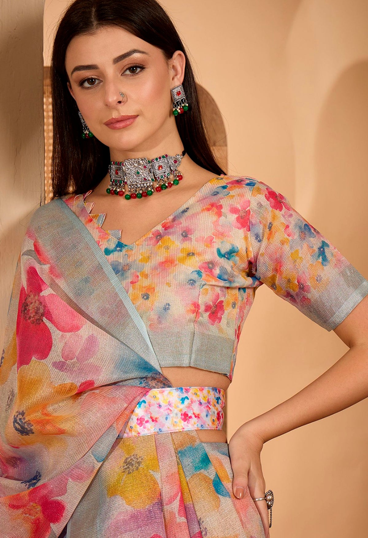Pastel Floral Printed Linen Cotton Saree with Blouse for Women