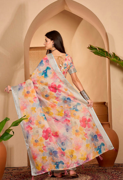 Pastel Floral Printed Linen Cotton Saree with Blouse for Women
