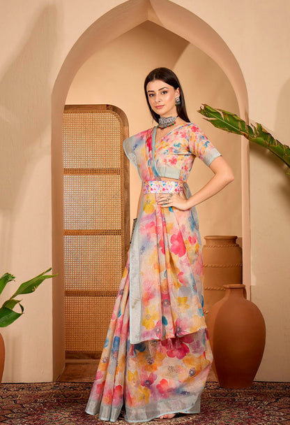 Pastel Floral Printed Linen Cotton Saree with Blouse for Women