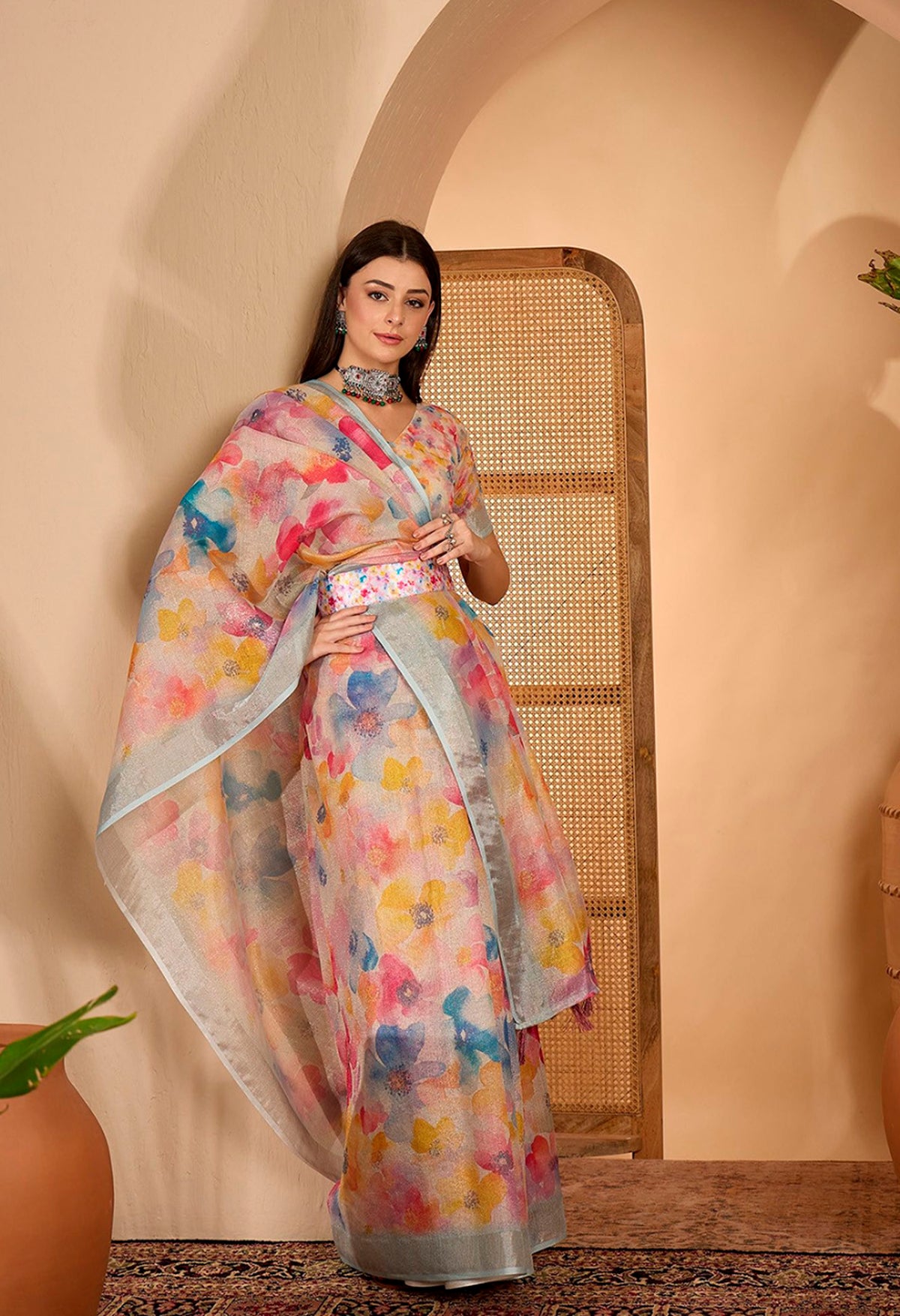 Pastel Floral Printed Linen Cotton Saree with Blouse for Women