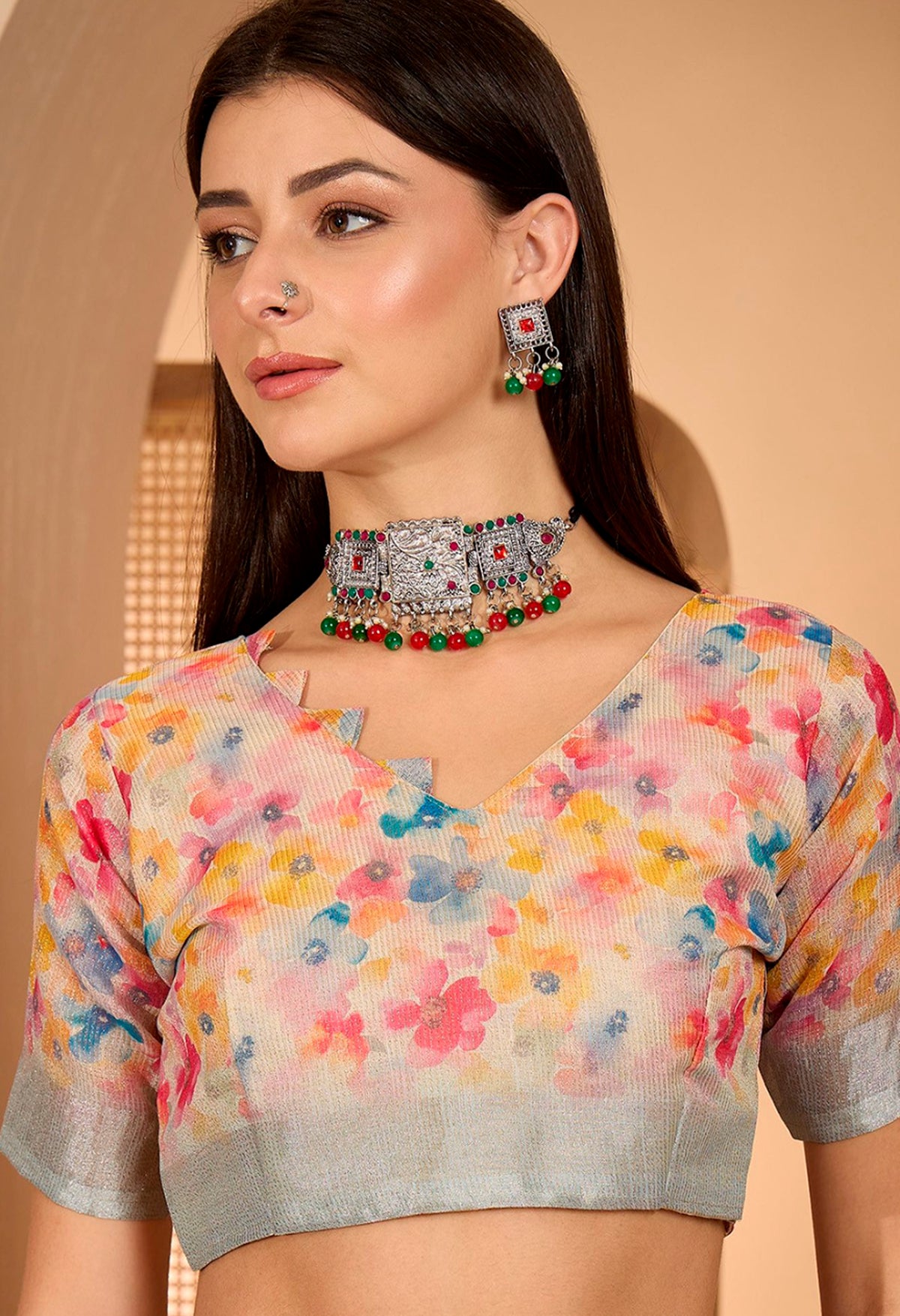 Pastel Floral Printed Linen Cotton Saree with Blouse for Women