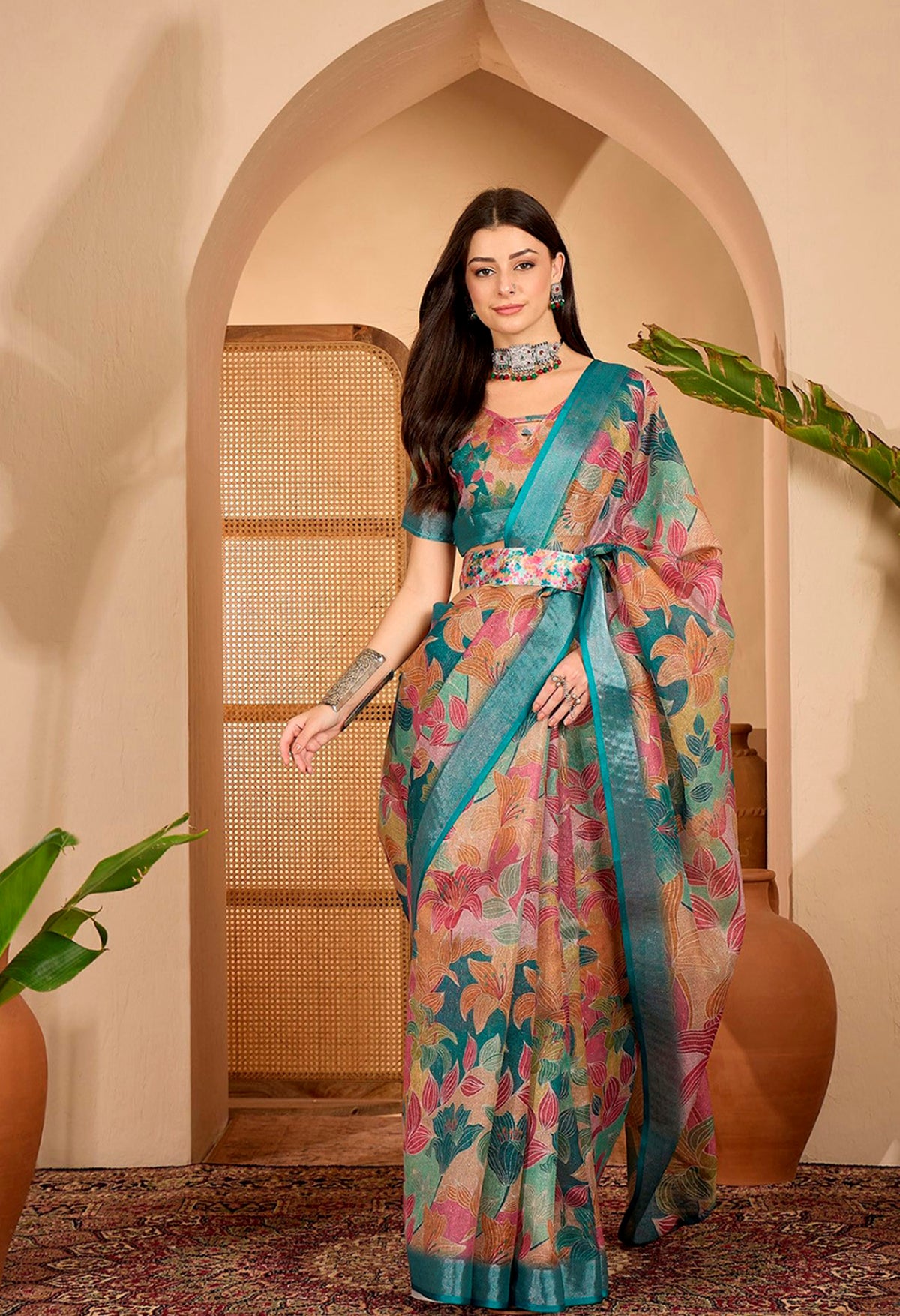 Teal Floral Printed Linen Cotton Saree with Blouse for Women