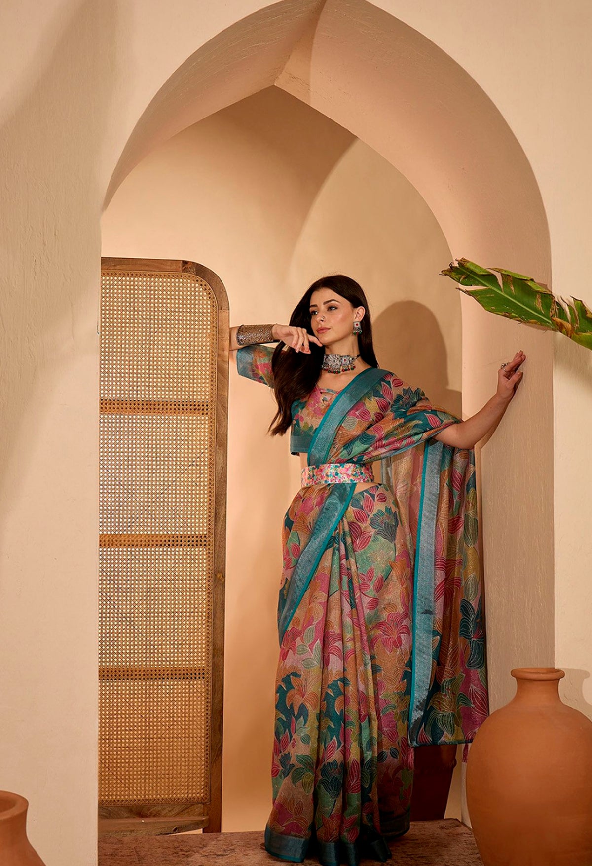 Teal Floral Printed Linen Cotton Saree with Blouse for Women
