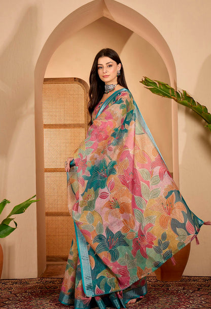 Teal Floral Printed Linen Cotton Saree with Blouse for Women