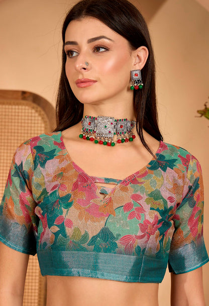 Teal Floral Printed Linen Cotton Saree with Blouse for Women