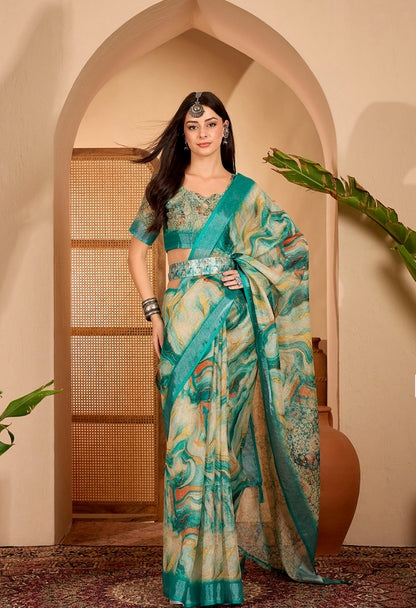 Teal Floral Print Linen Cotton Saree With Blouse for Women