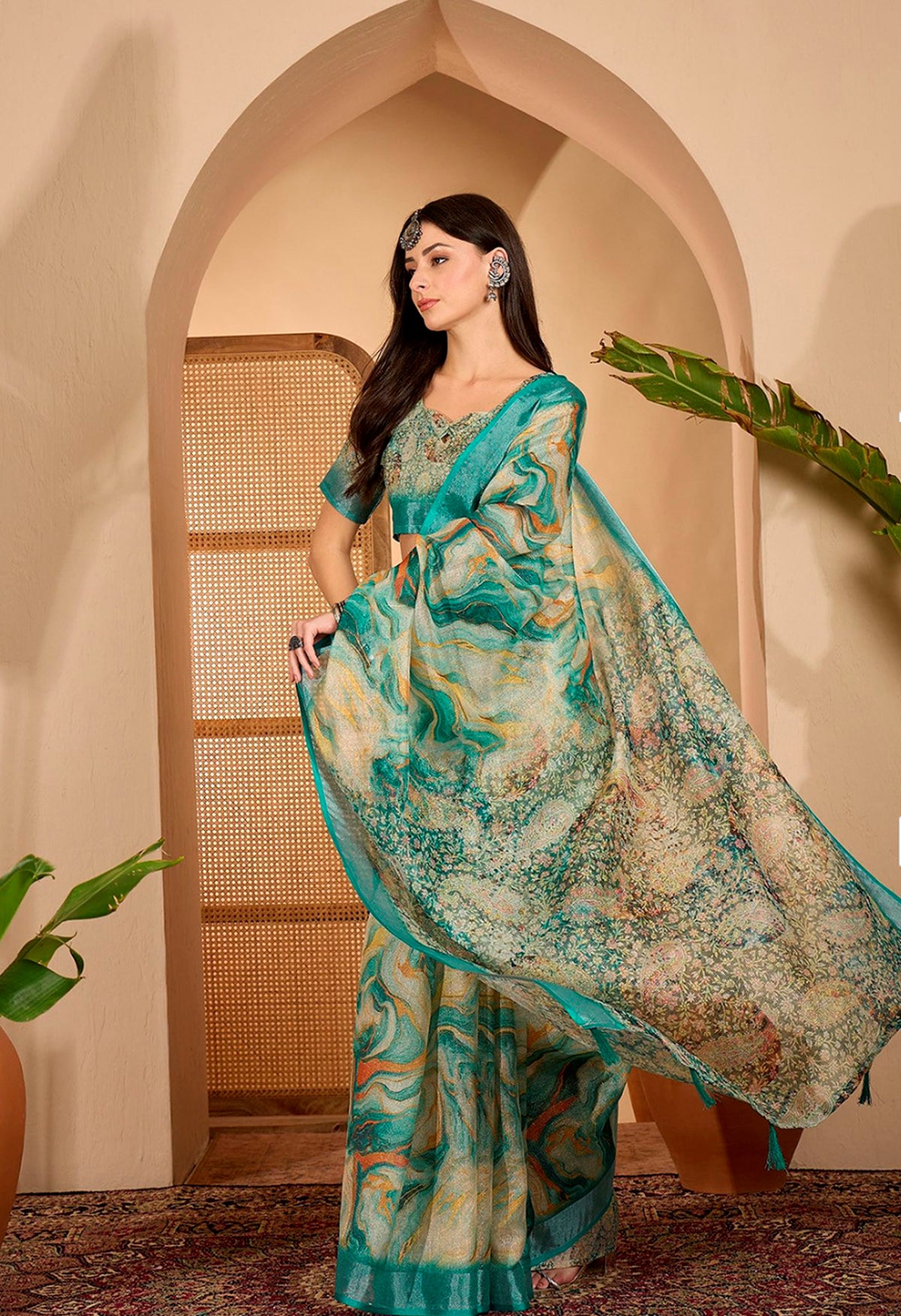 Teal Floral Print Linen Cotton Saree With Blouse for Women
