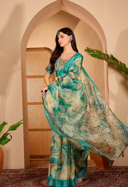 Teal Floral Print Linen Cotton Saree With Blouse for Women