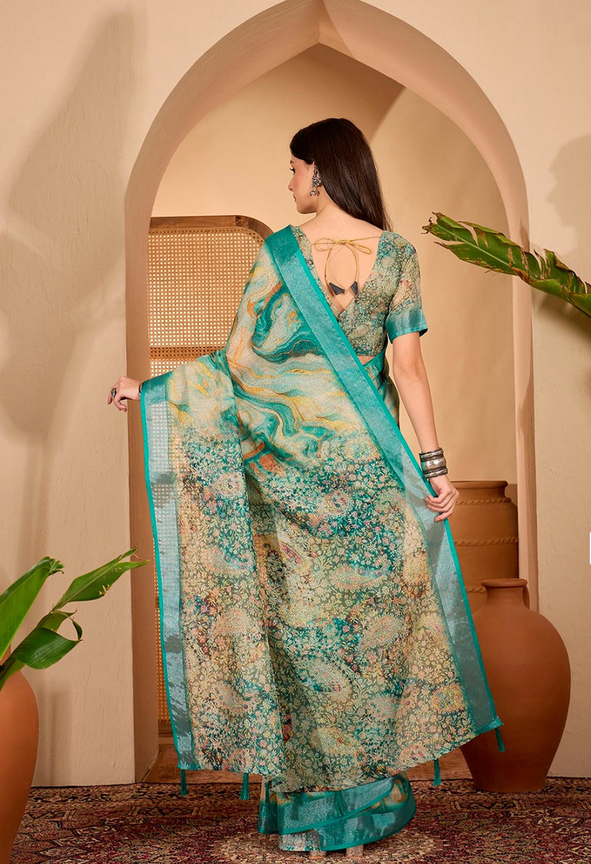 Teal Floral Print Linen Cotton Saree With Blouse for Women