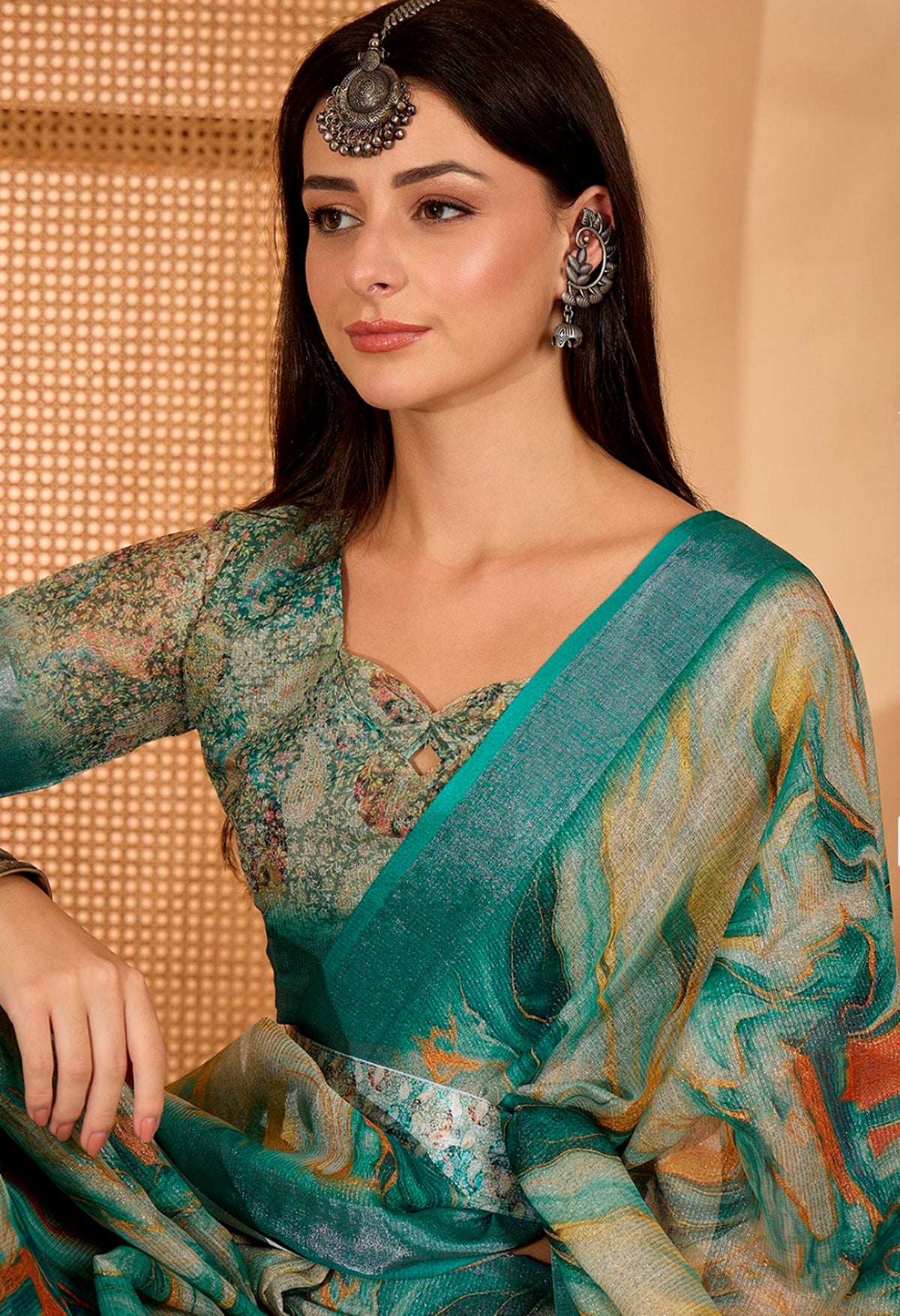 Teal Floral Print Linen Cotton Saree With Blouse for Women
